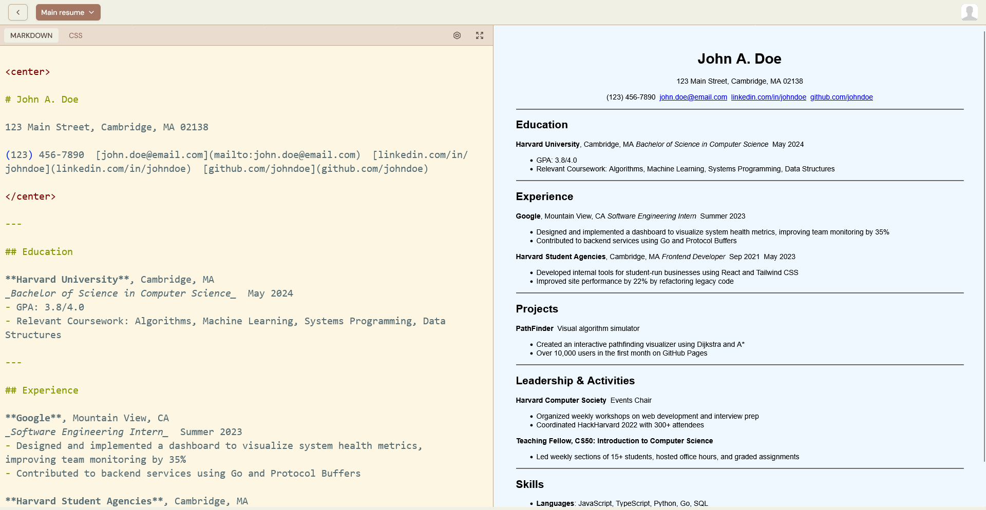 Live markdown editor showcase